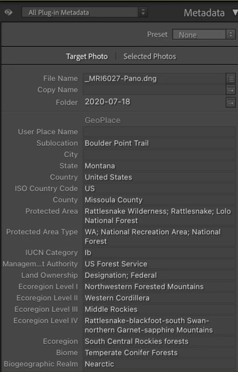 GeoPlace metadata panel with structured place and environmental fields