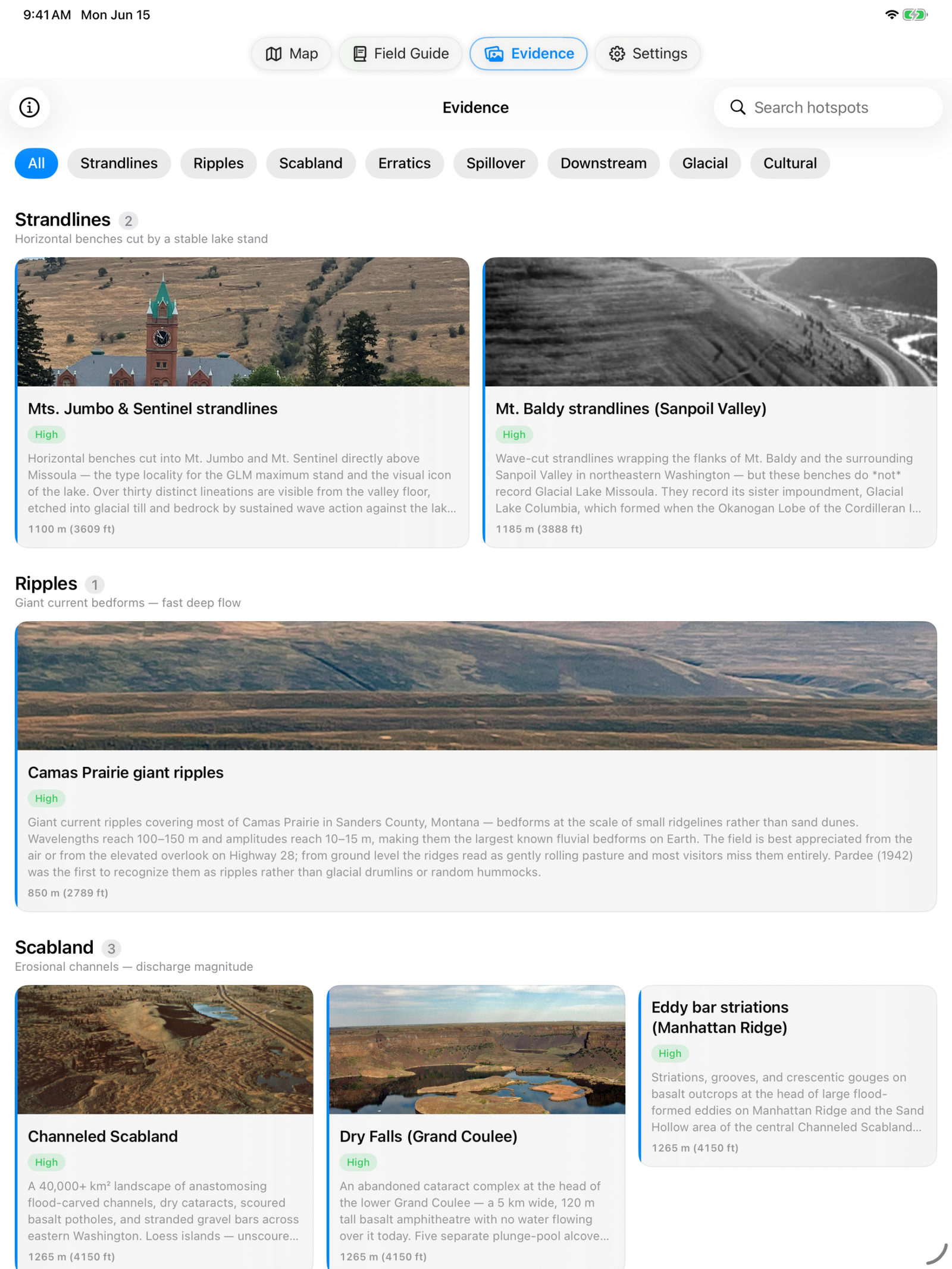 Missoula Ice Age Floods Simulator evidence explorer showing strandlines, ripples, and scabland