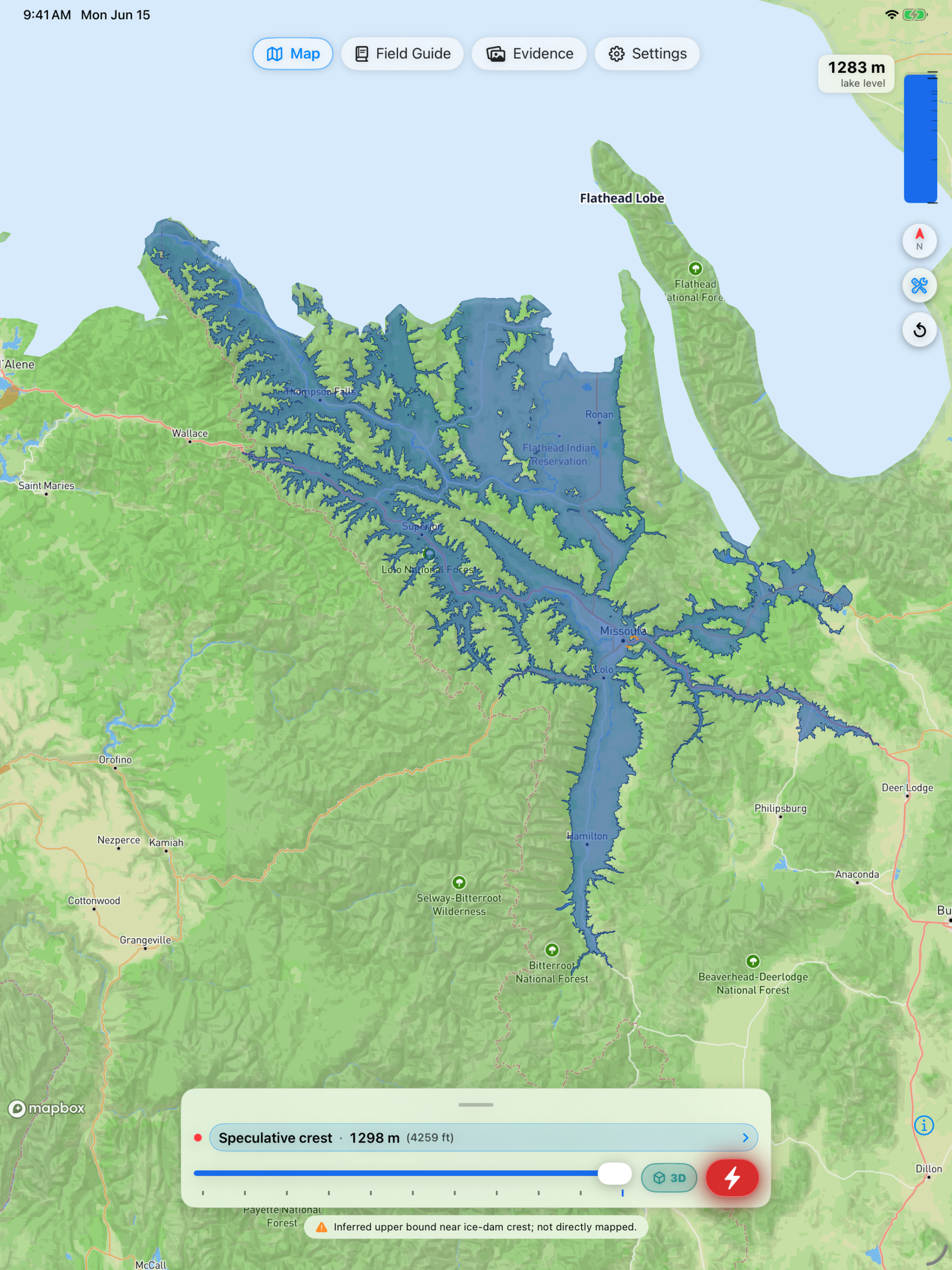 Missoula Ice Age Floods Simulator map showing reconstructed maximum lake stand