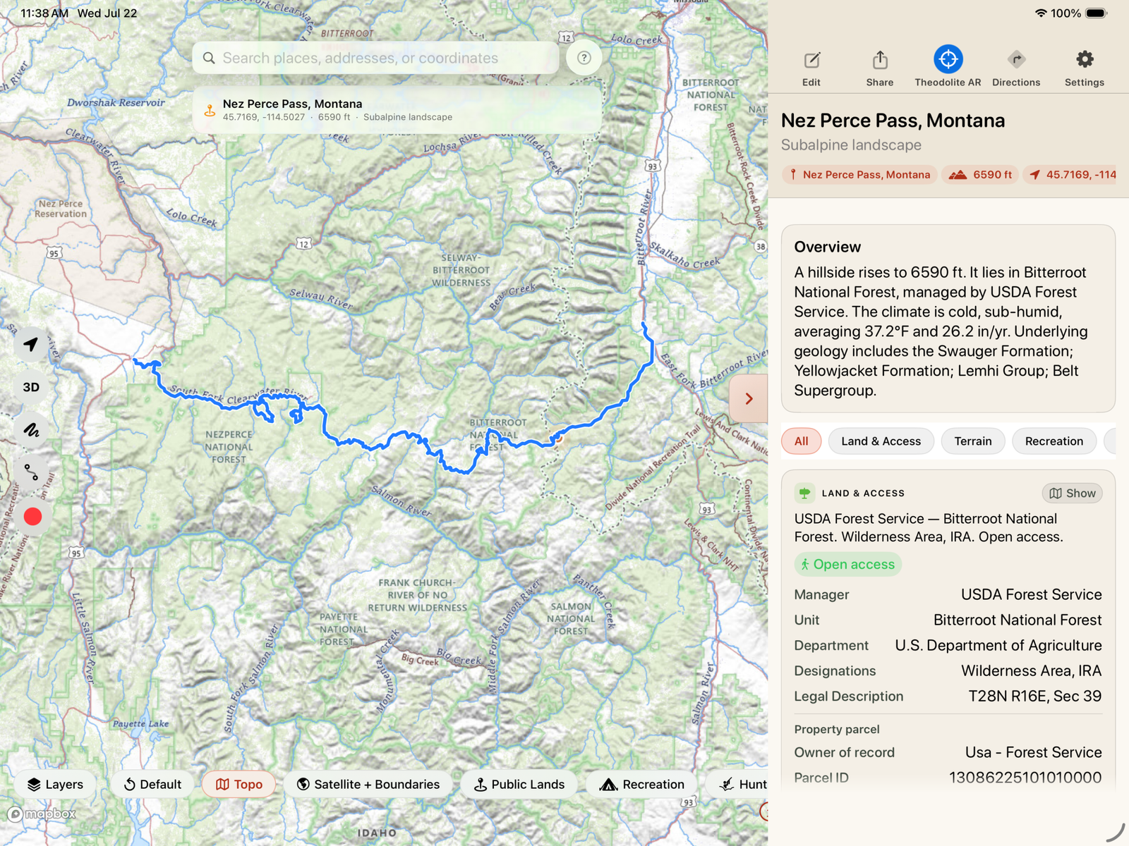 The Place app showing Nez Perce Pass, Montana — the whole Magruder Corridor route traced between the Selway-Bitterroot and Frank Church wilderness areas, with a Land & Access panel