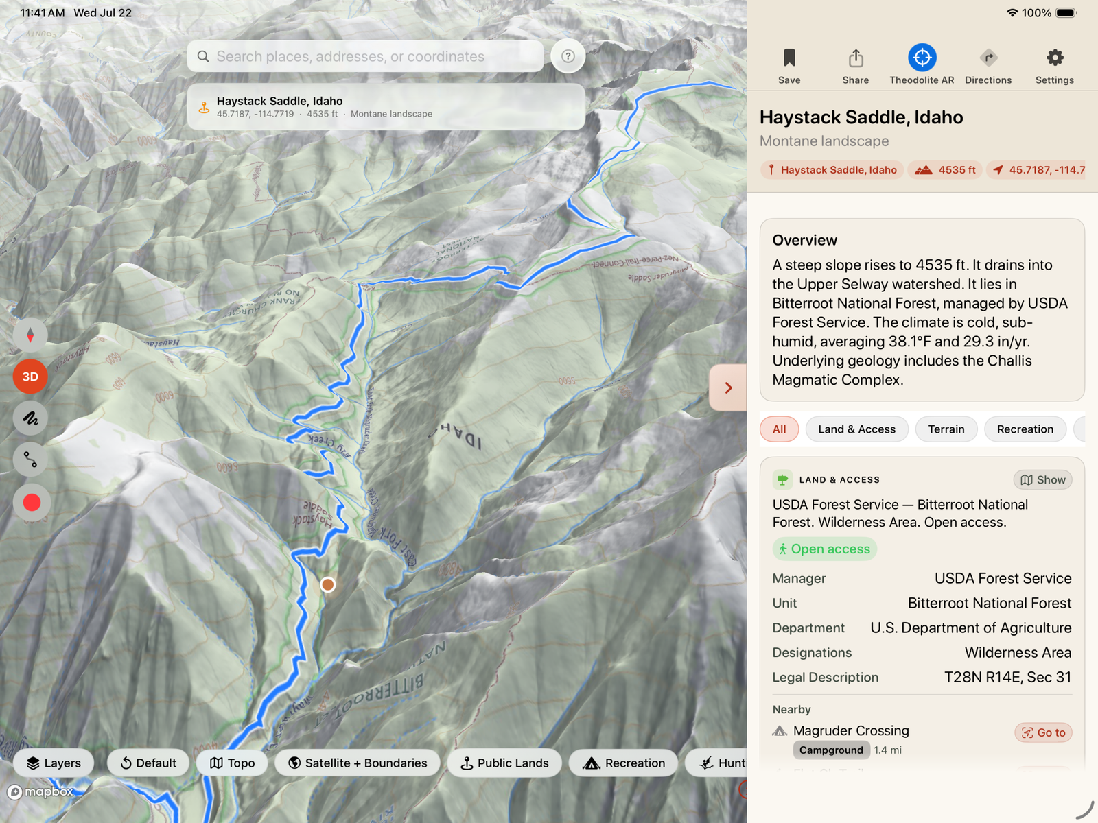 The Place app in 3D showing Haystack Saddle, Idaho, along the Magruder Corridor, with the East Fork drainage and Bitterroot National Forest land status
