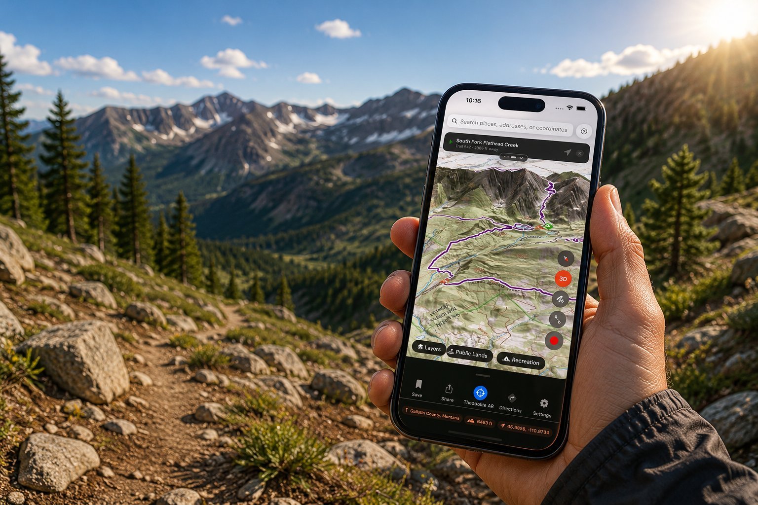 Place open on an iPhone, held over a Montana river valley